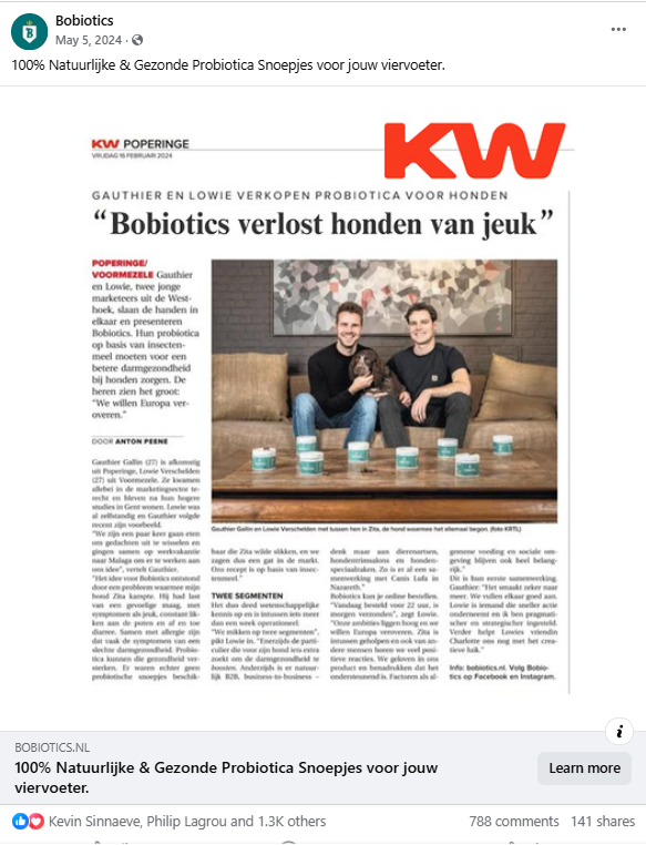 Krantenartikel KW: Bobiotics verlost honden van jeuk, oprichters Gauthier en Lowie